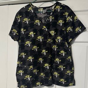 Disney Black Scrub Top with Green Alien Print